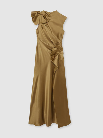 Acler Draped Satin Midi Dress Gold Moss | Women