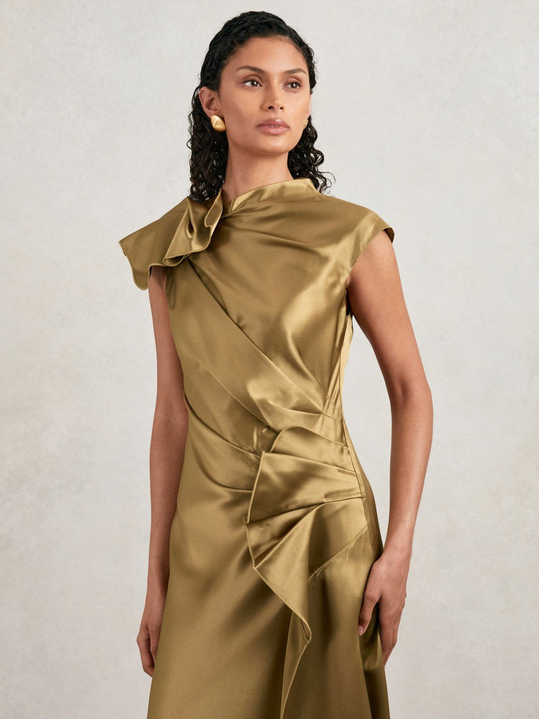Acler Draped Satin Midi Dress Gold Moss | Women