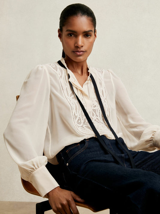Lace-Embroidered Tie-Neck Shirt Cream | Women