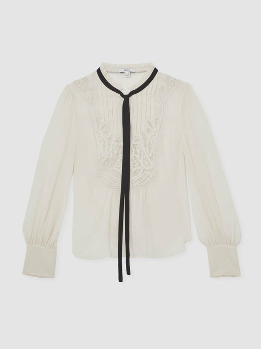 Lace-Embroidered Tie-Neck Shirt Cream | Women
