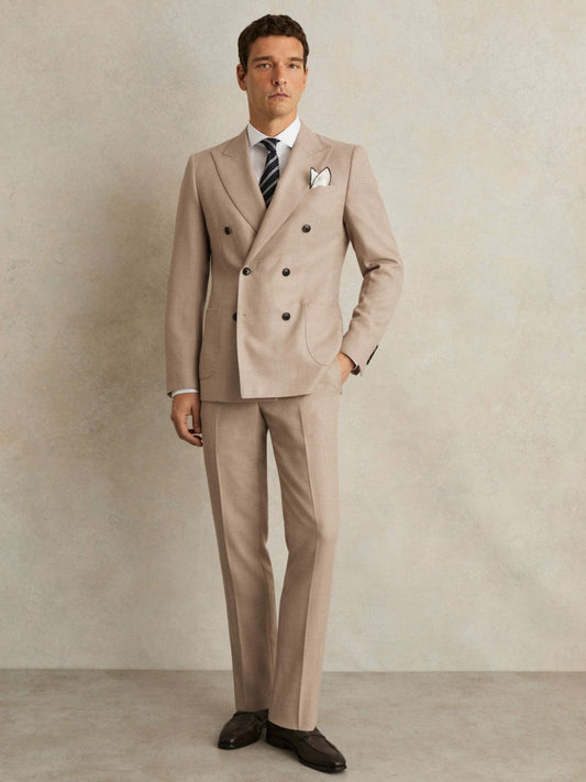 Slim-Fit Wool-Blend Double-Breasted Suit Blazer Oatmeal Brown | Men