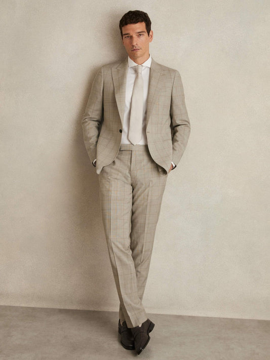Slim-Fit Wool Check Suit Trousers Oatmeal Brown | Men