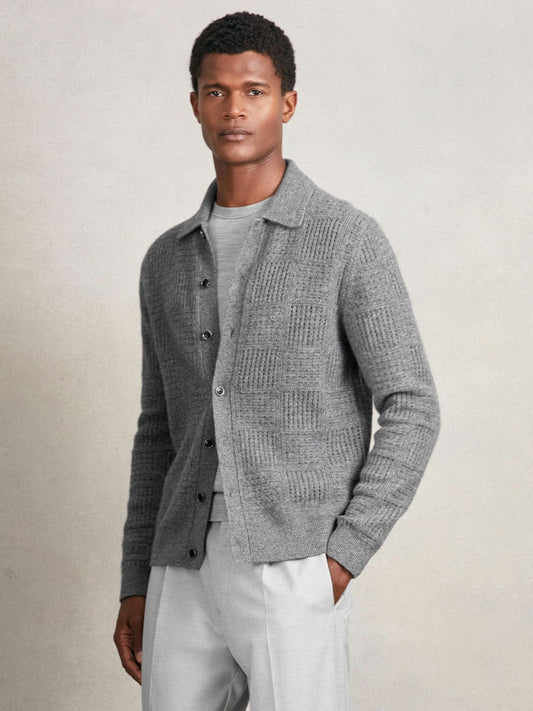 Wool Button Through Pointelle Shirt Mid Grey | Men