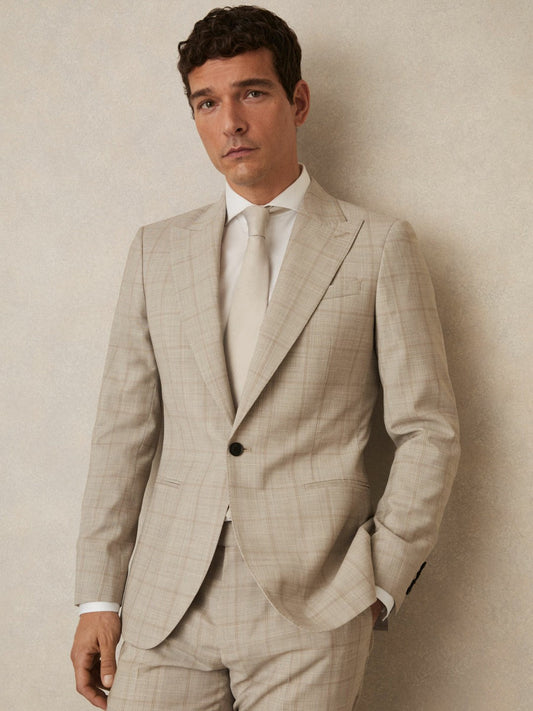 Slim-Fit Single-Breasted Wool Check Suit Blazer Oatmeal Brown | Men