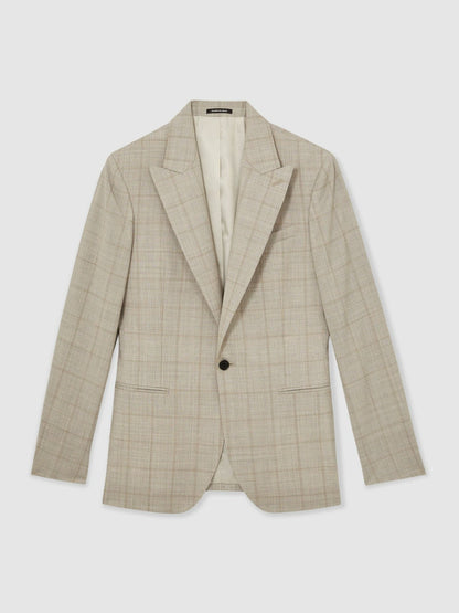 Slim-Fit Single-Breasted Wool Check Suit Blazer Oatmeal Brown | Men