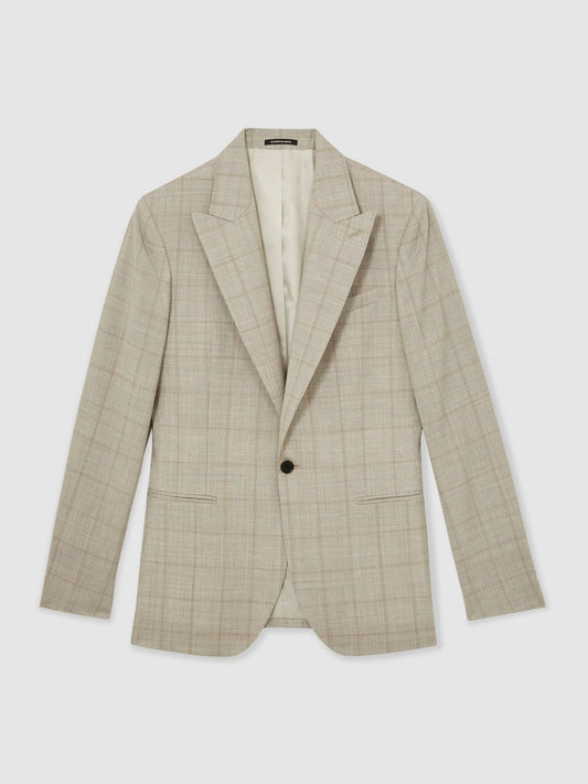 Slim-Fit Single-Breasted Wool Check Suit Blazer Oatmeal Brown | Men