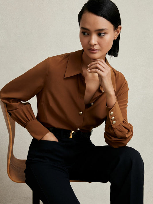 Silk Embossed-Button Shirt Tan Brown | Women
