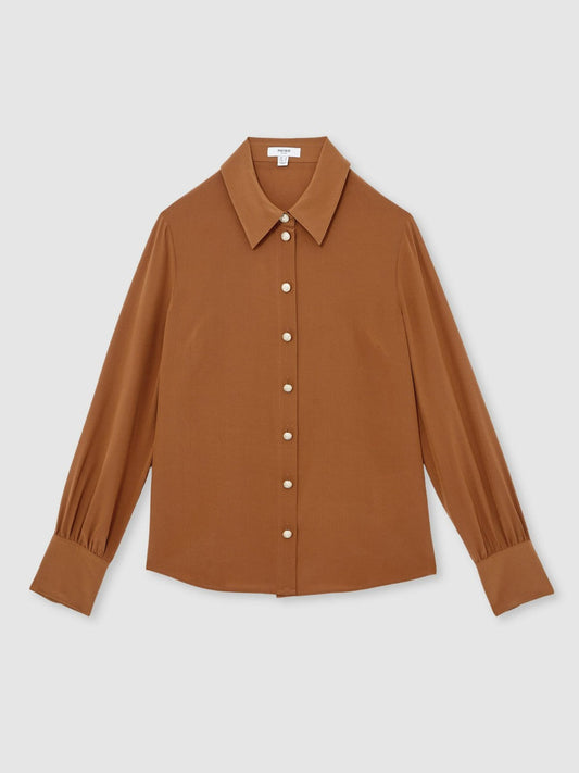 Silk Embossed-Button Shirt Tan Brown | Women