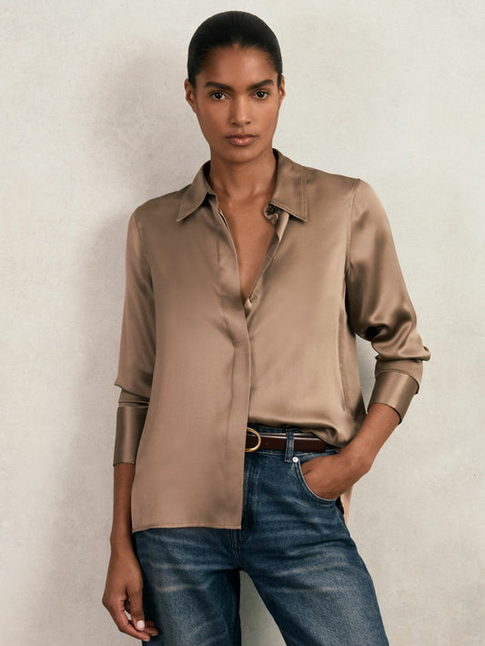 Silk-Satin Concealed-Placket Shirt Taupe Brown | Women