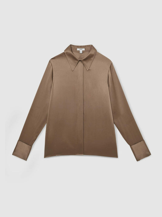 Silk-Satin Concealed-Placket Shirt Taupe Brown | Women
