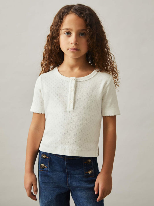 3-9 yrs Cotton Pointelle Button T-Shirt Ivory | Children & Baby