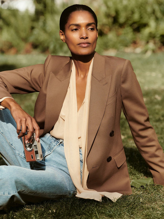 Petite Wool-Blend Double-Breasted Suit Blazer Tan | Women