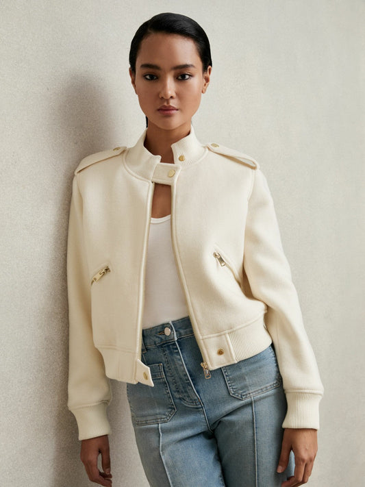 Brushed Wool Epaulette Bomber Jacket Cream | Women