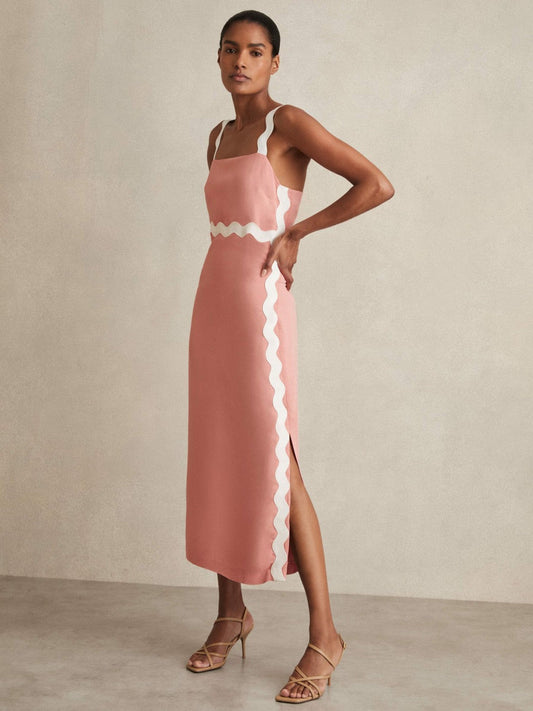 Wave-Trim Crepe Midi Dress Pink | Women