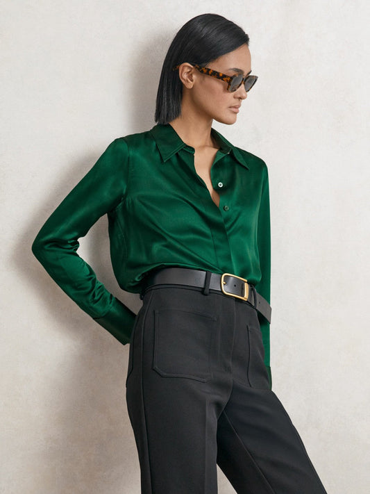 Silk-Satin Concealed-Placket Shirt Green | Women