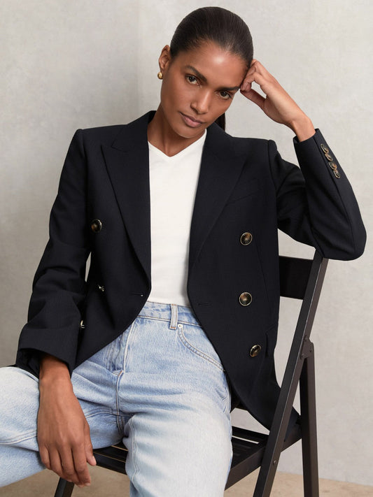 Petite Wool-Blend Double-Breasted Blazer Navy | Women
