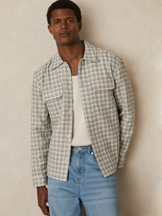 Woven Check Twin Pocket Overshirt Light Grey | Men