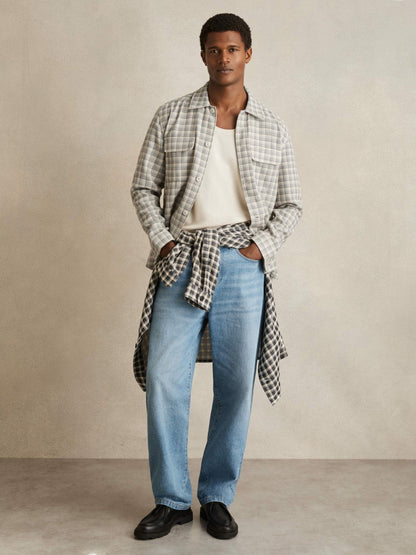 Woven Check Twin Pocket Overshirt Light Grey | Men