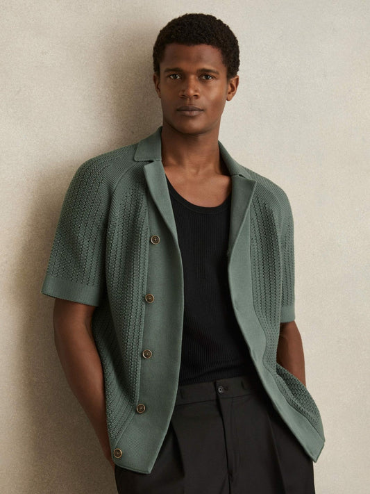 Cotton Textured-Knit Cuban-Collar Shirt Pine Green | Men