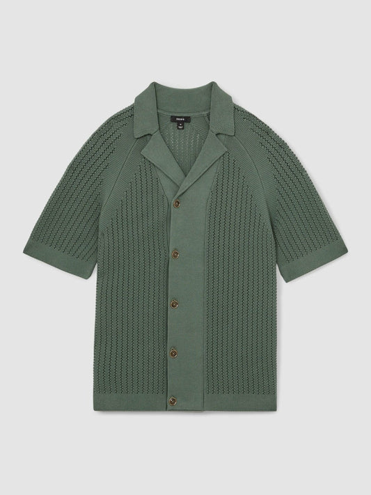 Cotton Textured-Knit Cuban-Collar Shirt Pine Green | Men