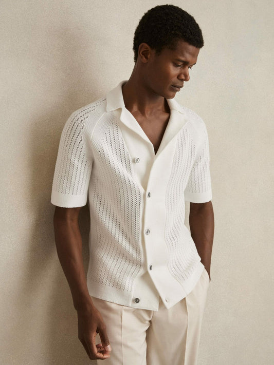 Cotton Textured-Knit Cuban-Collar Shirt White | Men
