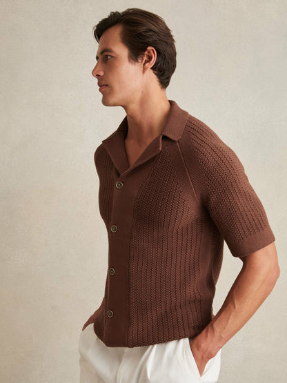 Cotton Textured-Knit Cuban-Collar Shirt Tobacco Brown | Men