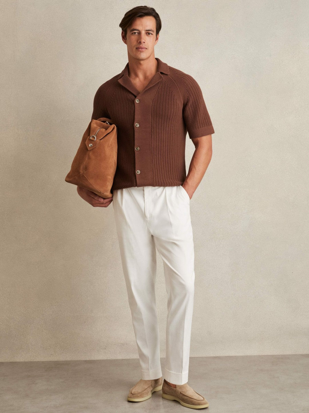 Cotton Textured-Knit Cuban-Collar Shirt Tobacco Brown | Men