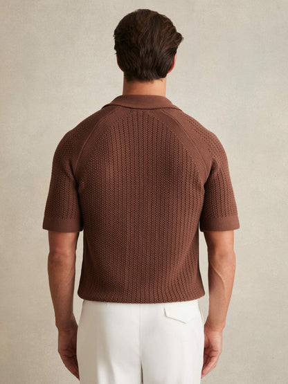 Cotton Textured-Knit Cuban-Collar Shirt Tobacco Brown | Men