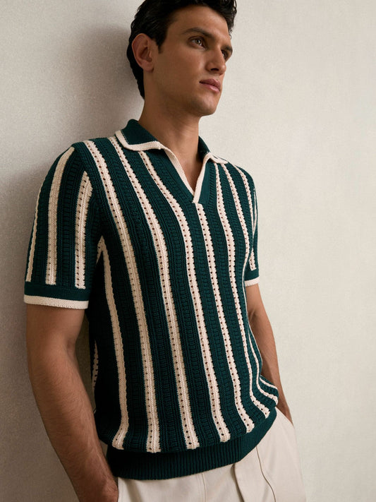 Cotton Blend Stripe Knit Polo Shirt Dark Teal Green/Ecru | Men
