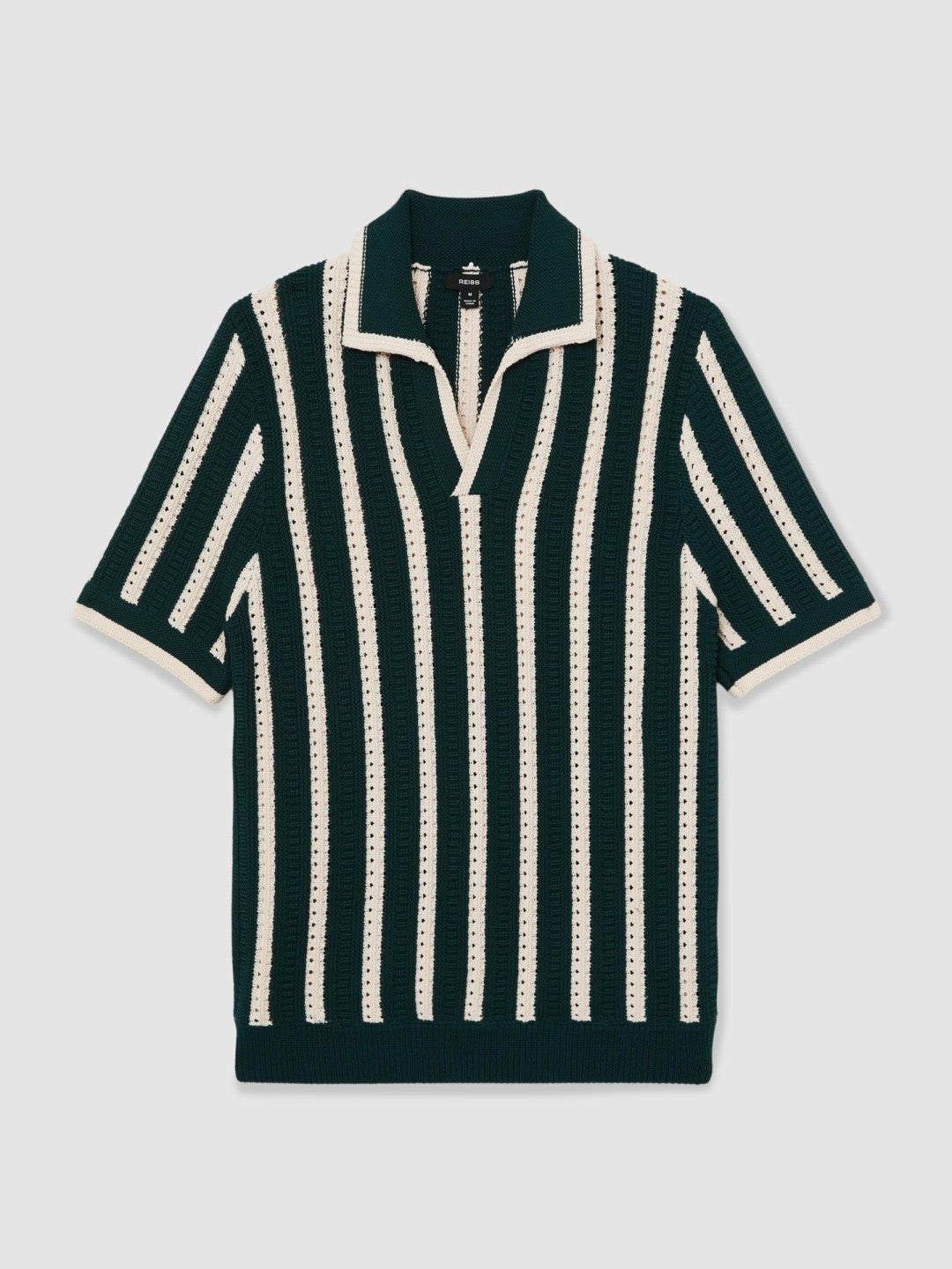 Cotton Blend Stripe Knit Polo Shirt Dark Teal Green/Ecru | Men