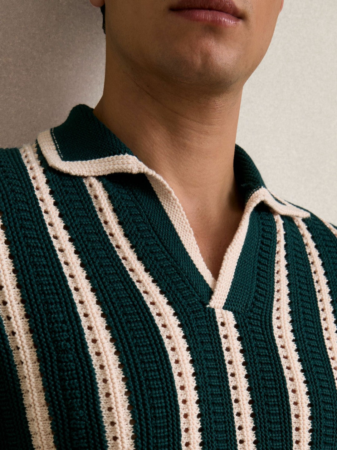 Cotton Blend Stripe Knit Polo Shirt Dark Teal Green/Ecru | Men