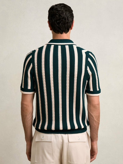 Cotton Blend Stripe Knit Polo Shirt Dark Teal Green/Ecru | Men