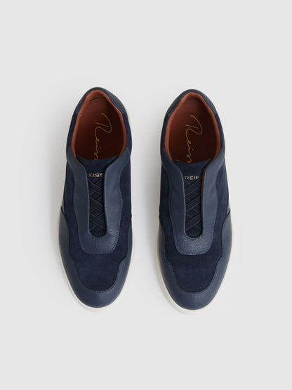 Leather Elasticated-Lace Trainers Navy Blue | Men