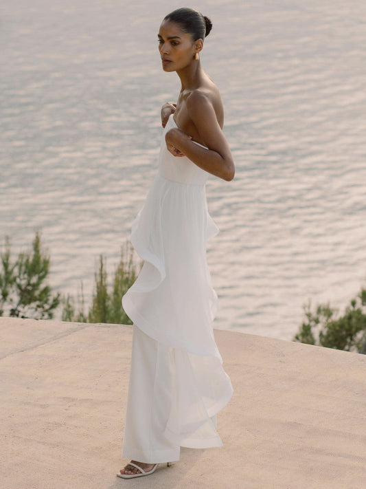 Silk Ruffle Bandeau Wide-Leg Jumpsuit Ivory | Women