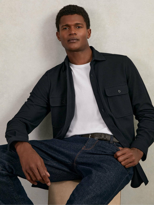 Textured Twin Pocket Cotton Blend Overshirt Navy | Men