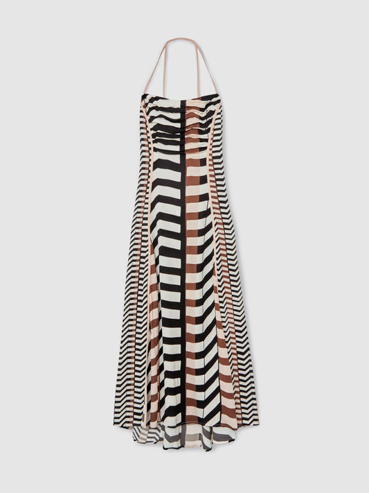 Chevron-Stripe Ruched Midi Dress Black/Brown | Women