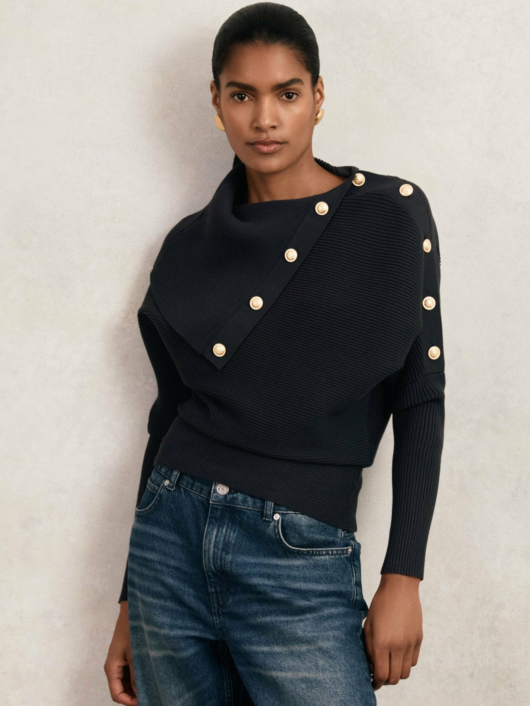 Rib-Knit Button Shawl Jumper Navy | Women