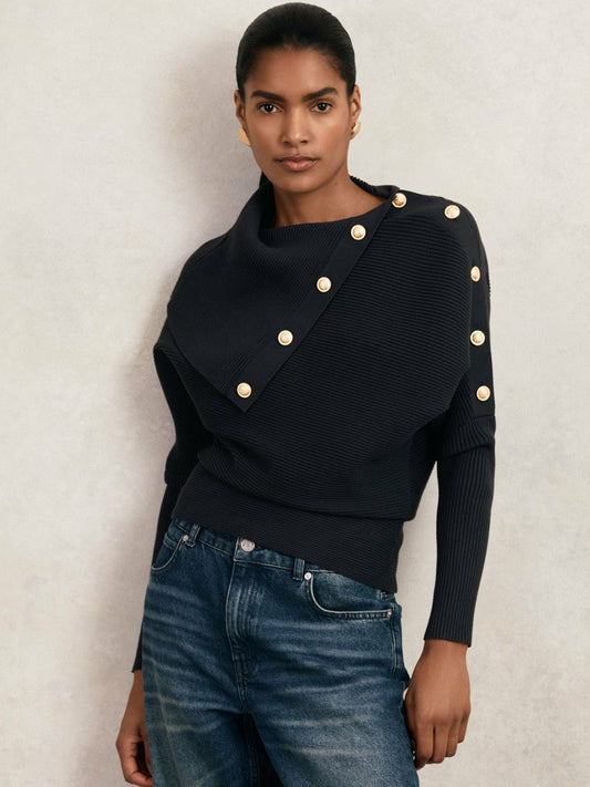 Rib-Knit Button Shawl Jumper Navy | Women
