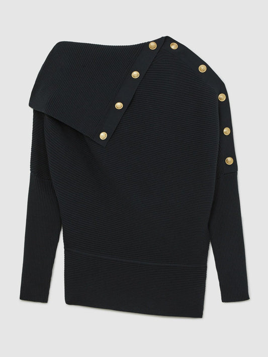 Rib-Knit Button Shawl Jumper Navy | Women