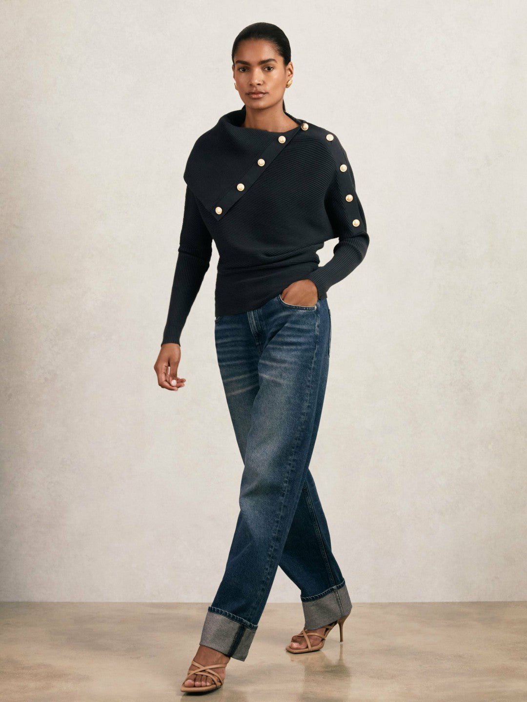 Rib-Knit Button Shawl Jumper Navy | Women