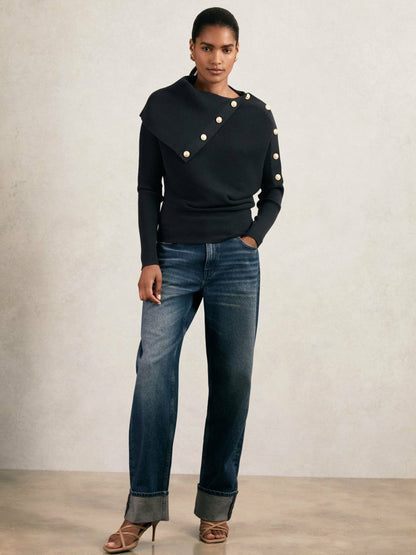 Rib-Knit Button Shawl Jumper Navy | Women