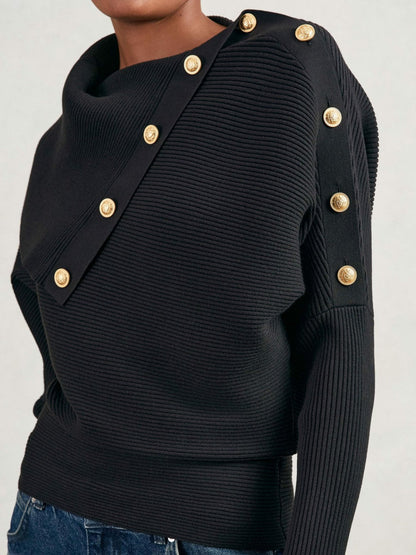 Rib-Knit Button Shawl Jumper Navy | Women