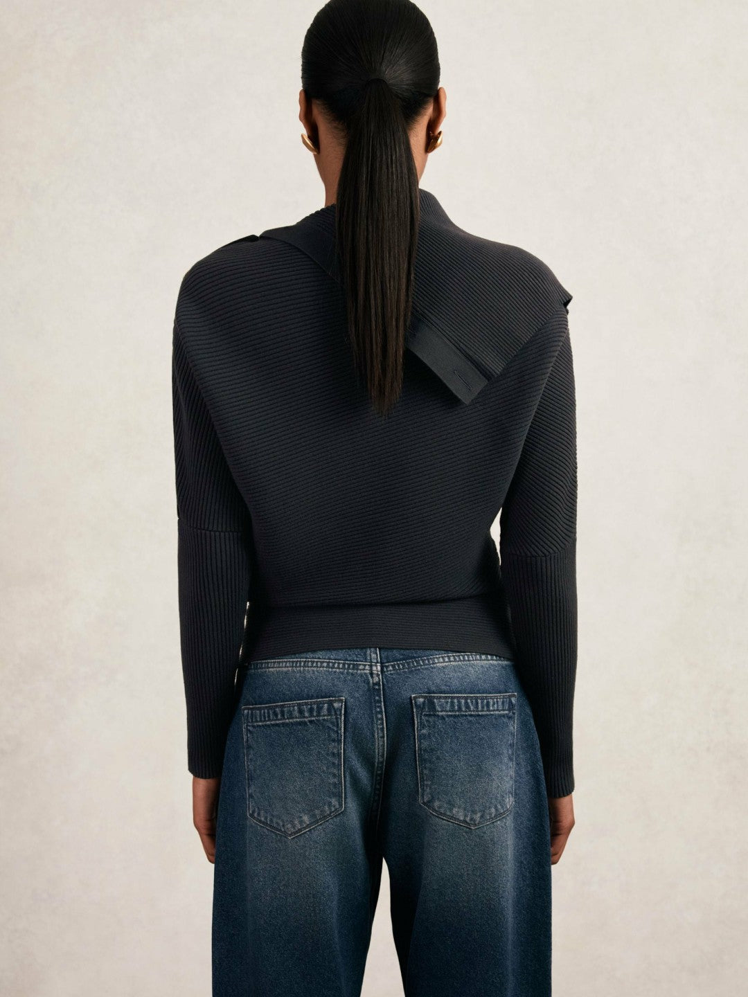 Rib-Knit Button Shawl Jumper Navy | Women
