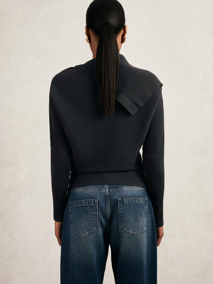 Rib-Knit Button Shawl Jumper Navy | Women