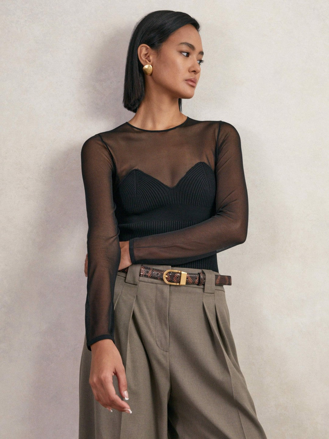 Mesh Knit Sweetheart Long-Sleeve Top Black | Women
