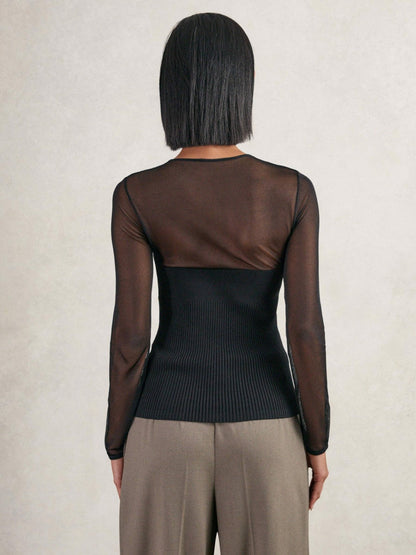 Mesh Knit Sweetheart Long-Sleeve Top Black | Women