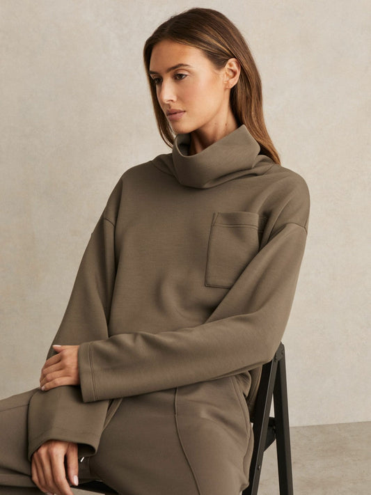 Interlock Jersey Funnel Neck Sweatshirt Khaki Green | Women