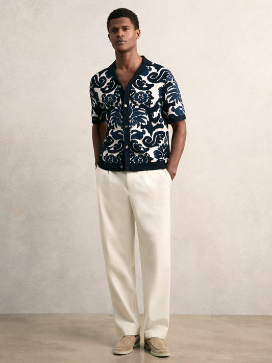 Paisley Jacquard Knit Shirt Navy Blue/White | Men