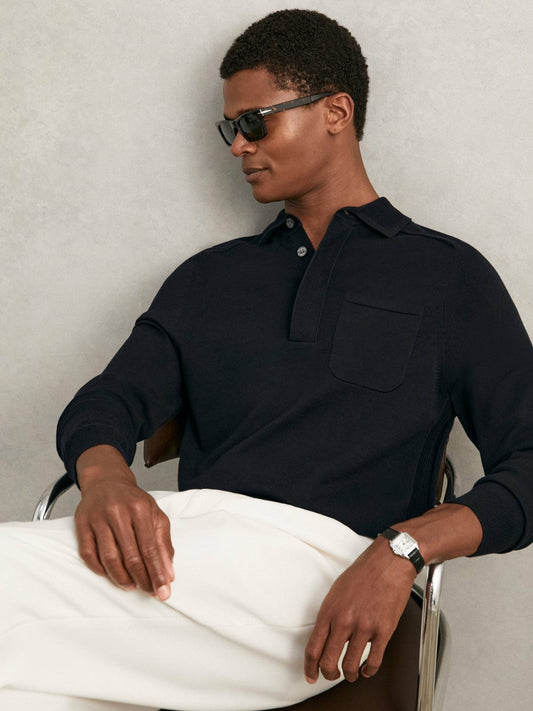 Cotton Concealed Placket Polo Shirt Navy | Men