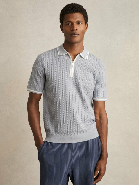 Micro-Cable Half-Zip Polo Shirt Soft Blue | Men
